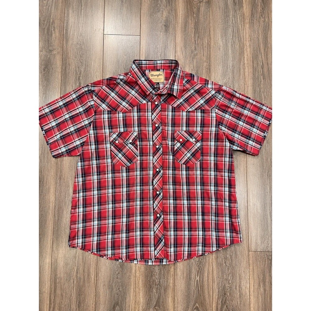 Wrangler Mens 2XL Red Plaid Pearl Snap Western Shirt Short Sleeve Cowboy